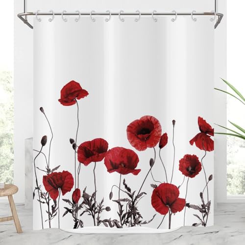 Hnmdmyi Rideau de Douche Fleurs 180x200, Coquelicot Rouge Vintage Nature Botanique Bouquet Plante Moderne Rideau de Baignoire Imperméable Tissu Polyester...