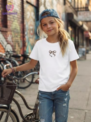 Image of WELAKEN Girls Soft T-Shirt with Curved Hem, Breathable Stretchy Rayon Crewneck Short Sleeve Tees, Kids Everyday Basic Top