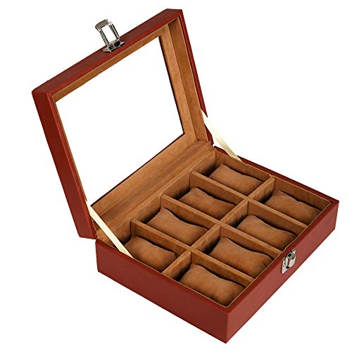 Leather World 8 Slots PU Leather Men Watch Box Acrylic Display Glass Organizer Case Women Storage Jewellery – Brown