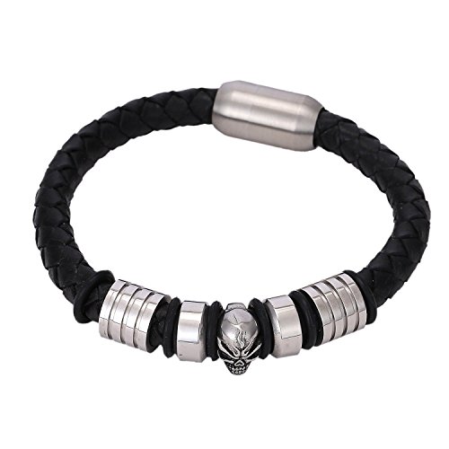 Preisvergleich Produktbild DonDon Herren Armband Totenkopf Leder schwarz geflochten mit Einem starken Edelstahl Magnetverschluss
