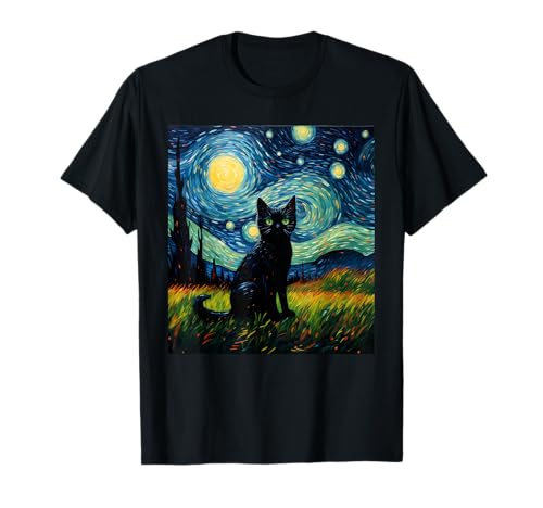 Starry Night Cat on Grassfield Art Maglietta