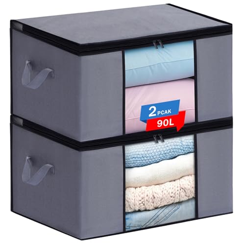 JAECU 2pcs 90L Storage Bags with Reinforced Handle, Large Capacity Clothing Storage Containers, Foldable Closet Organizers for Clothes, Duvets, Blankets, Beddings, Grey