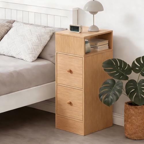 Mesita de noche delgada con 2 cajones y estante abierto, mesa compacta de madera para teléfono para oficina en casa, mesita de noche estrecha para dormitorio, sala de estar, sofá, mesa auxiliar, nogal