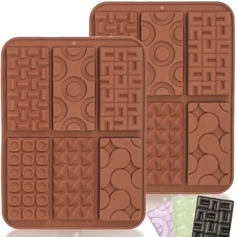 MeowAroma Small Chocolate Bar Molds, 2 Pcs Break Apart Chocolate Silicone Molds for Candy/Energy Bars/Gummy/Fudge/Jelly/Fruit Snacks, Thin Chocolate Molds with 6 Waffle Shapes Cover
