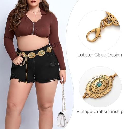 Image of WHIPPY Women Concho Chain Belt Metal Link Western Cowgirl Turquoise Chain Belt for Dress
