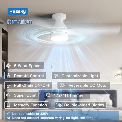 Image of Passky 52 Inch White Low Profile Ceiling Fan with Light, Pull Chain&Remote | Flush mount, pull chain, remote, 3-color dimmable light, quiet reversible DC motor, easy install, memory, timer, bedrooms