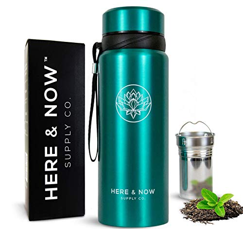 Here & Now Supply Co. 25 oz Multi-Function Travel Mug and Tumbler | Tea Infuser Water Bottle | Fruit Infused Flask | Hot & Cold Double Wall Stainless Steel Coffee Thermos (Celestial Blue)