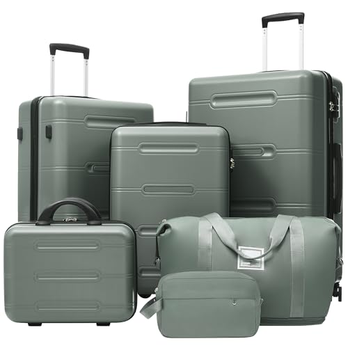 Image of 6 Pcs ABS Hardshell Luggage Set Spinner Wheel Suitcase Suitcase Army Green