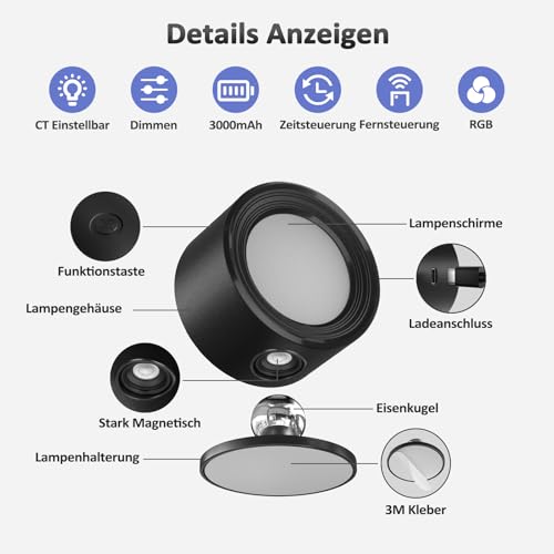 LED Wandleuchte mit Fernbedienung, 3 Stück Kabellose Akku Wandlampe, 16 Farbmodi RGB Ambiente Wandlichter ohne Stromanschluss, 360° Drehbare Aufladbare Leuchten für Kinder Wohnzimmer Schlafzimmer
