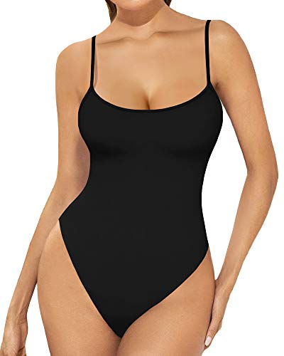 Image of MANGOPOP Women's Backless Ribbed Camisole Thong Back Bodysuit (Black-10, Large)