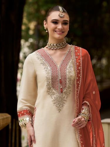 Image of INDO ERA Women's Silk Blend Embroidered Sequins Work Straight Kurta & Pant with Dupatta Set | Kurta Sets For Woman