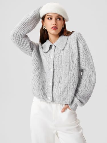 Image of CIDER Cardigan Sweater for Women Collared Button Down Chunky Wool-Blend Crop Cute Knitted Tops