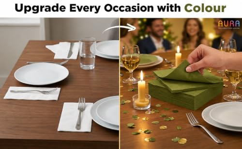 Image of AURA Coloured Paper Napkins - 50 Pulls (25 x 2 Packs) (33 * 33cm) | 3 Ply Ultra Soft & Absorbent Tissue Paper for Theme Party, Birthday, Home, Kitchen & Restaurant Use (Olive Green)