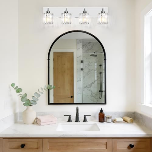 Image of Brushed Chrome Crystal Bathroom Vanity Light, 4-Light Modern Bathroom Lighting Fixtures Over Mirror,Chrome Wall Sconce Light Fixtures with Square Shade
