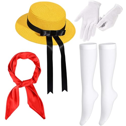 JcHrmers 4 Pcs French School Costume Accessories Set for Girls Kid Yellow Hat Red Satin Square Scarf White Socks Gloves