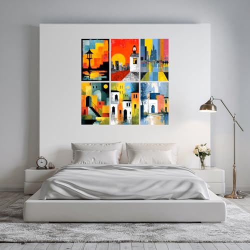 Image of SiddArtify Abstract Cityscape Wall Art Prints Set - Modern Architectural Poster Decor for Living Room Office - 8x12 Sticker Pack of 6