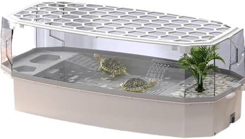 Hubiuyo 亀の水槽 蓋付き カメ用水槽 亀 水槽 プラスチック カメ 水槽 飼育ケース 亀用水槽 アクリル 亀ケージ カメ ボックス 観察 排水孔 階段 エサ皿 滑り止め 休憩プラットフォーム 脱出防止 カメ槽 爬虫類ケージ 両生類用 飼育ボックス