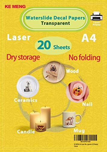 KE MENG A4 Laser Waterslide Decal Papers DIY Image Transfer Paper for Laser Printer (Transparent, 20 Sheets)