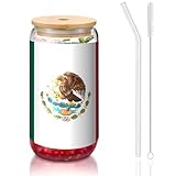 PEGQCVAM Gobelet en bambou avec couvercle et paille Motif drapeau du Mexique Sans BPA Gobelet réutilisable avec couvercle en bambou et paille en verre pour boissons chaudes ou froides 473 ml