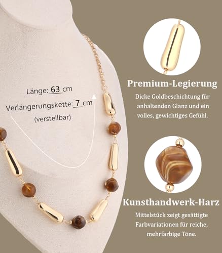 Dazylleco Lange Kette Gold Damen Kette Statement Lang mit Perlen Große Modeschmuck Geschenke für Mama(106-Brown)