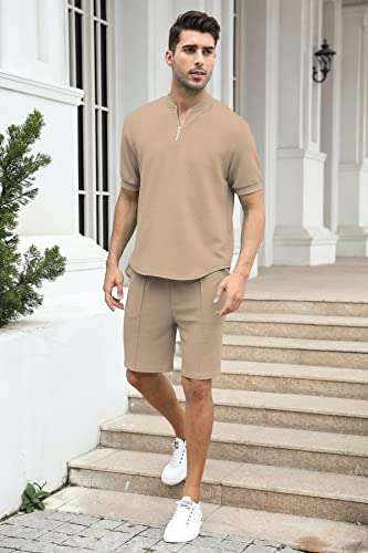 Fznhql 2 Piece Outfits Men's Two Piece Summer Tracksuit Two Piece Short Sleeve Tee Shirt And Shorts Set Casual Sweatsuit Khaki Brown Large #TOP3