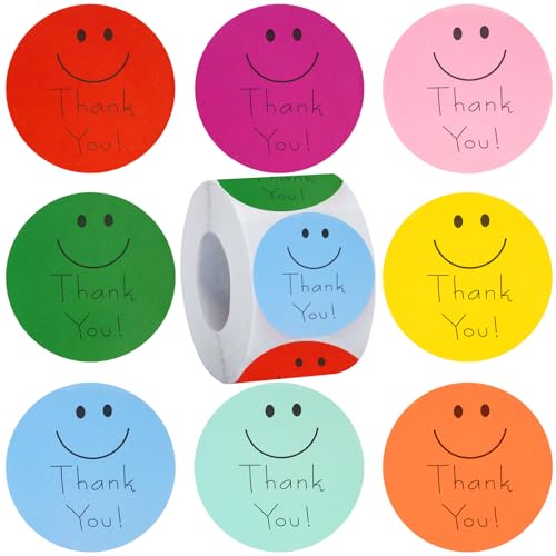 Anwyll 500Pcs Thank You Stickers - 1.5Inch Smiley Face Thank You Stickers for Packaging Thank You Sticker for Small Business Thank You Seal Label...