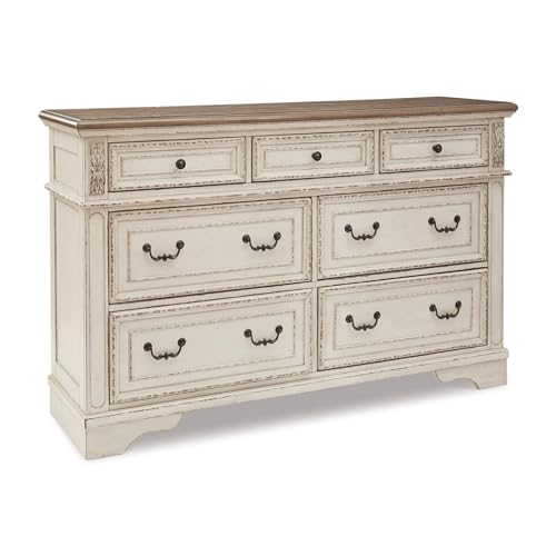 Signature Design by Ashley Realyn | French Country 7-Drawer Two-Tone Dresser – Fully Assembled, Decorative Corbels, Chipped White with Distressed Wood Top
