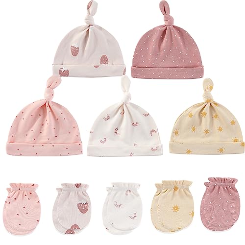Image of MAMIMAKA Baby Hat and Mittens Set Newborn Baby Hats Caps for Baby Boys Girls 0-6 Months 100% Cotton