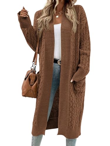 Image of Onedreamer Womens Long Cardigan Sweaters Open Front Cable Knit with Pockets