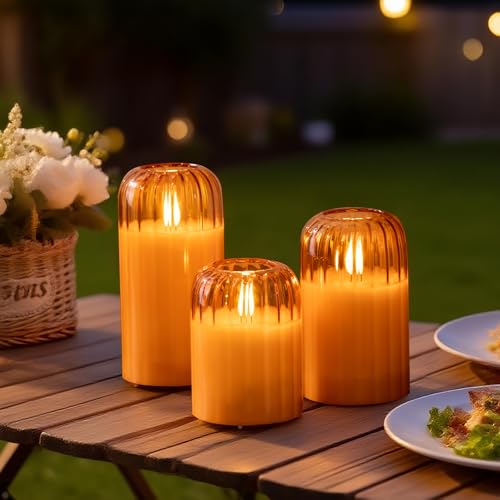 Image of Amber Ribbed Battery Candles - Glass Flameless Candles with Remote Timer, Orange LED Candles with Pumpkin Shape, Lasting 350 Hrs and Brightness Adjustment, Φ 3 inch H 4 inch 6 inch, Set of 3 for Halloween Decor