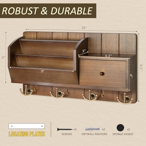 Key Holder Wall Mount with Mail Sorter - Modern Farmhouse Key and Mail Organizer with Hooks and Mini Drawer for Home Decor - Rustic Apartment Essentials for Home Improvement (Brown & Golden Hooks) by Rebee Vision - Image 6