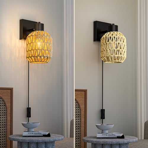 Image of CHICLUX Boho Rattan Plug in Wall Sconces, Farmhouse Wall Lamps Set of Two，Boho Rattan Sconces Wall Lighting Rustic with 330Adjustable Lampshade Suitable for Living Room, Hallway(Bulbs Not Included)