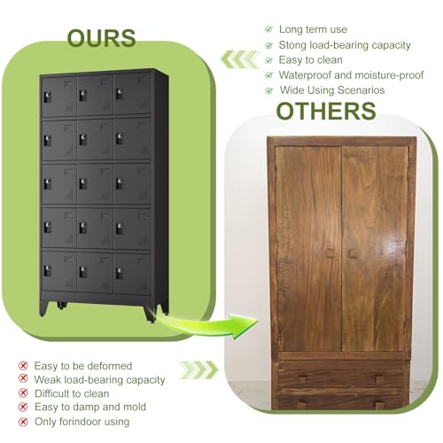Image of Metal Lockers for Employees, 15 Doors Black Steel Storage Locker Cabinet | Heavy Duty Employee Lockers with Name Card Holders & Ventilation Holes for Office School Gym Garage, Easy Assembly