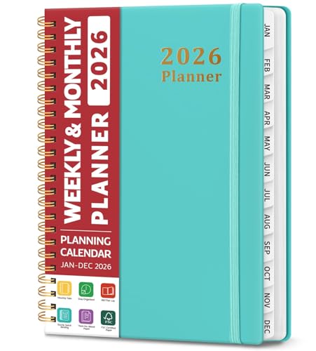 2026 Planner, Weekly and Monthly Calendar Planner, January 2026 - December 2026, Hardcover 2026 Calendar Book with Tabs For Women & Men, Inner Pocket, Spiral Bound, Perfect for Office Home School Supplies - A5 (6.3" x 8.5"), Aquamarine