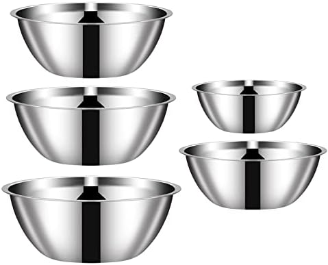 [5 packs]Thicker Stainless Stleel Flat Bottom Mixing Bowls, Nesting Mixing Bowls for Space Saving Storage, Polished Mirror Mixing Bowl Set for Kitchen - Great for Cooking, Baking, Prepping