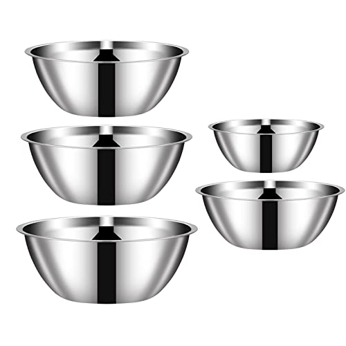 [5 Packs]Thicker Stainless Stleel Flat Bottom Mixing Bowls, Nesting Mixing Bowls For Space Saving Storage, Polished Mirror Mixing Bowl Set For Kitchen - Great For Cooking, Baking, Prepping #TOP22