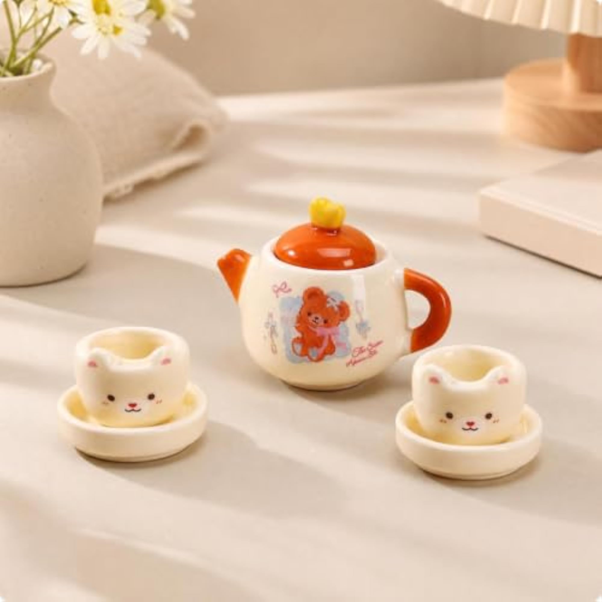 Bear-Themed Miniature Tea Set with Animal-Face Cups, Cute Collectors Gift
