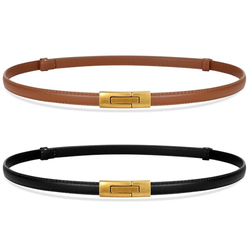 SANSTHS 2 Pack Thin Ladies Waist Belt for Dresses Jeans Pants, Skinny Womens Belt with Antique Gold Buckle