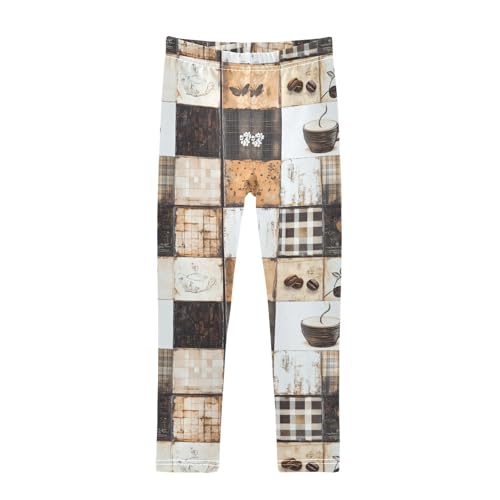 Retro Coffee Checkered Girls Casual Leggings for Kids Printed Long Pant Bottoms Stretch and Soft