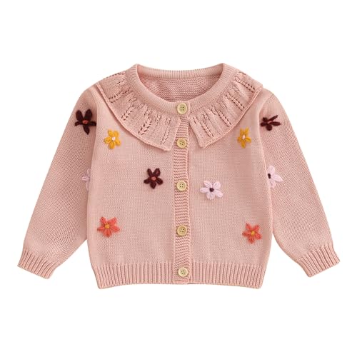 Toddler Baby Girl Fall Winter Clothes Cardigan Sweater Infant Knit Floral Knitwear Button Knitted Outwear Outfit (A Dark Pink, 2-3 Years)