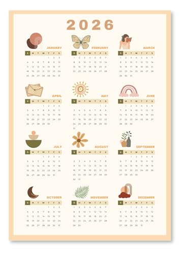 Image of Funk You Store Boho Themed Calendar 2026 Poster | A3 Sized (42 x 29 cm) Poster Cute Calender for Boho Themed Home Decor | Feel Good-Calendar 2026 Posters for Wall | Aesthetic Wall Room Decor