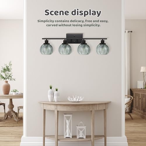 Image of 4-Light Bathroom Vanity Light, Black with Green Ribbed Glass Shades, Mid-Century Modern Wall Sconce Industrial Farmhouse Bathroom Wall Light for Hallway Bedroom Bedside Over Mirror