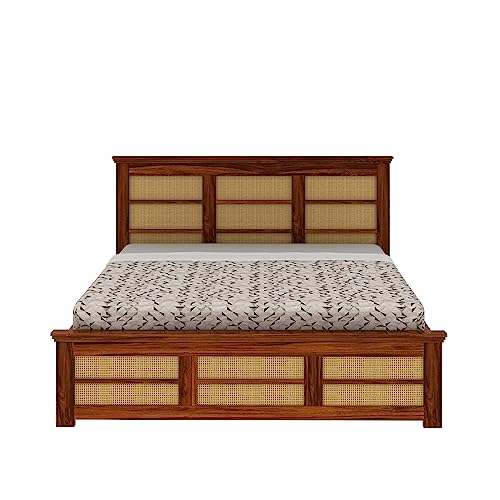 Image of Ganpati Arts Solid Sheesham Wood King Size Cane Bed with Box Storage Solid Wooden Double Bed Cot Bed with Box with Headboard (Natural Finish)
