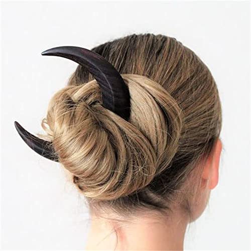 Moon Hairpin Hand Carved Crescent Moon Hair Fork For Women, Moon Barrette, Wooden Hair Comb Thick Hair Styling Tool Accessories Moon Hair Stick for Women Girls (S-2.95", Black)