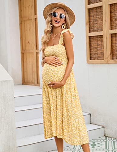 Image of KOJOOIN Womens Maternity Dress Summer Sleeveless Smocked Square Neck Ruffle Casual Boho Midi Dress Baby Shower Photoshoot