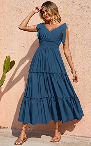 Image of PRETTYGARDEN Women's Cross Neck Summer Sleeveless Tiered Maxi Dress Beach Tie Strap Smocked Long Dresses Pleated Sundress
