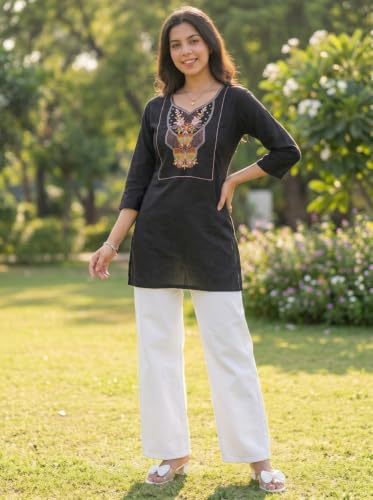 Image of Cotton Blend Embroidered Straight Kurta for Women | Cotton Blend | 3 /4 Sleeve | Round Neck V-Slit | Ethnic Wear Casual Wear