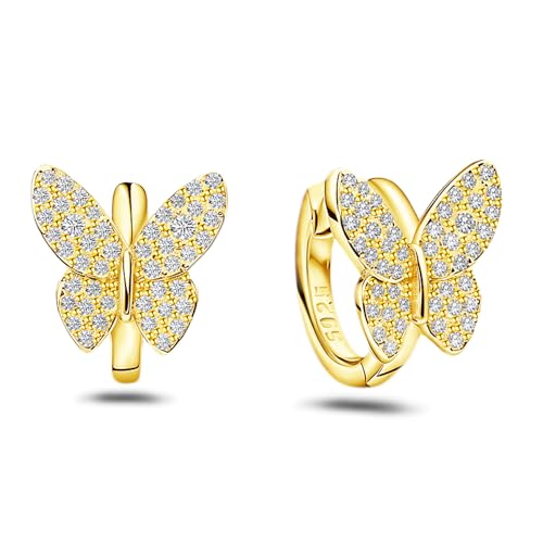 Sterling Silver Plated 14K Gold Cubic Zirconia Butterfly Earrings Small Butterflies Hoops Huggie Earrings Dainty Simple Minimalist Design Butterfly Jewelry for Mother's Day Valentine Birthday Gifts