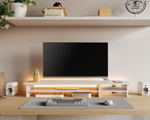 Image of Fenge Monitor Stand, Dual Monitor Riser, 42.5inch Large Desk Computer Monitor Stand Riser with Drawer, 2 Tier Wood & Acrylic Desktop Organizer for Computer, Laptop, Printer, TV Screen Riser