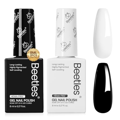 Beetles Black White Gel Polish Kit - 2 Colors Hema-Free Soak Off UV Gel Polish Set Same Color Same Bottle Design Manicure Salon DIY 4th of July Nails at Home for Women